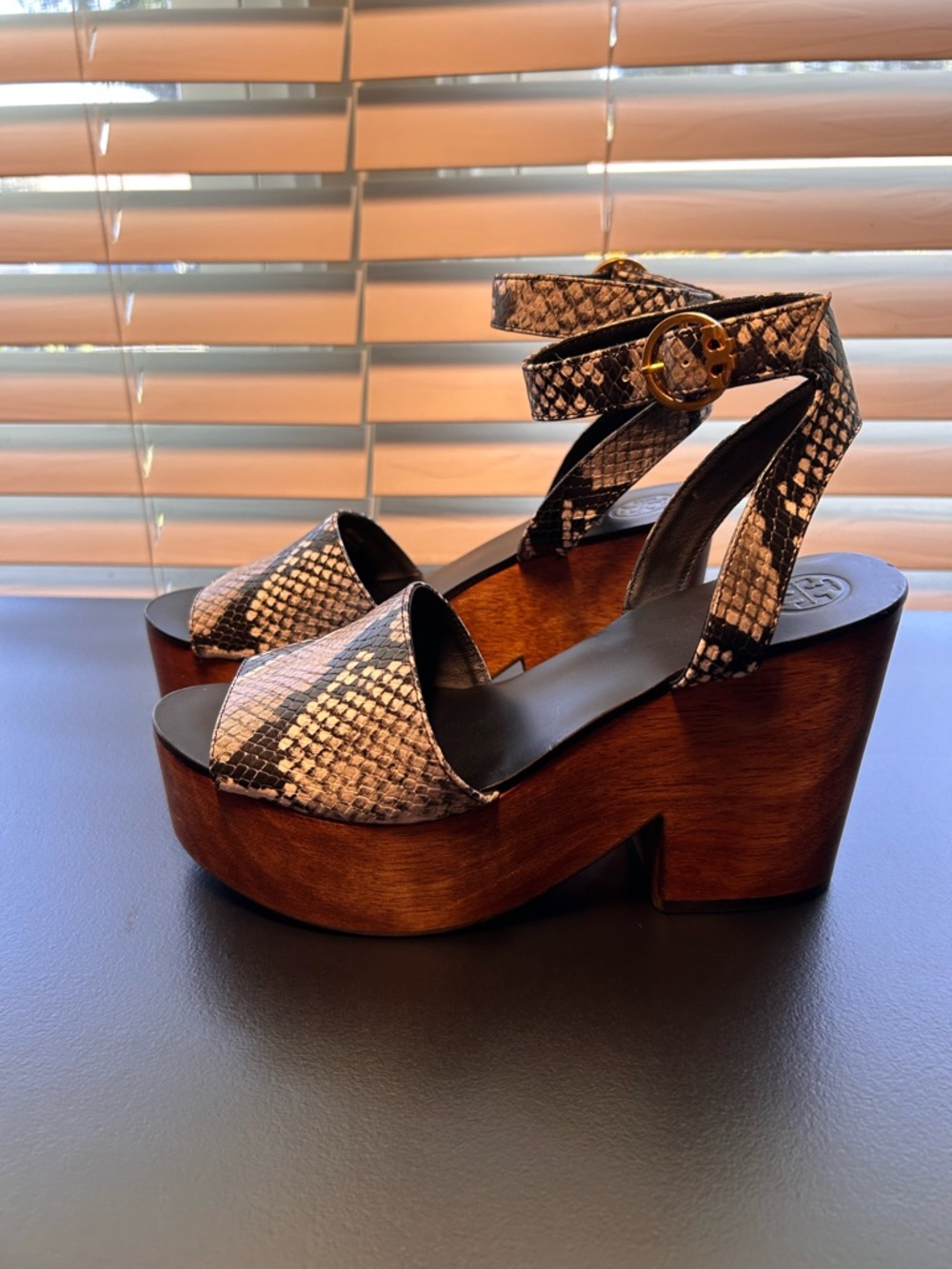 Tory Burch Camilla 100mm Wooden Platform Sandal, snakeskin-embossed leather.
